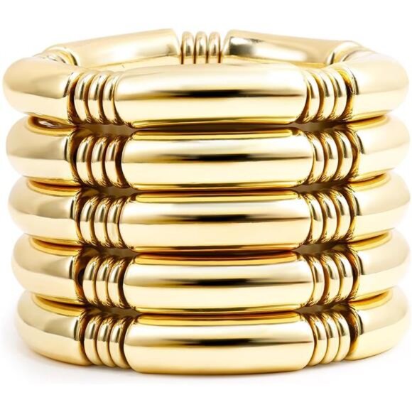 Gold Chunky Bangles Bracelets For Women 14k Gold Plated Stack Layered Curved - Picture 1 of 7